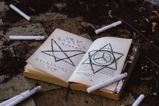 Open book with mystical symbols surrounded by candles, suggesting witchcraft and the occult.