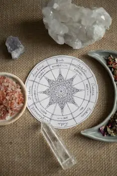 A decorative Wheel of the Year surrounded by crystals and herbs, symbolizing modern paganism.